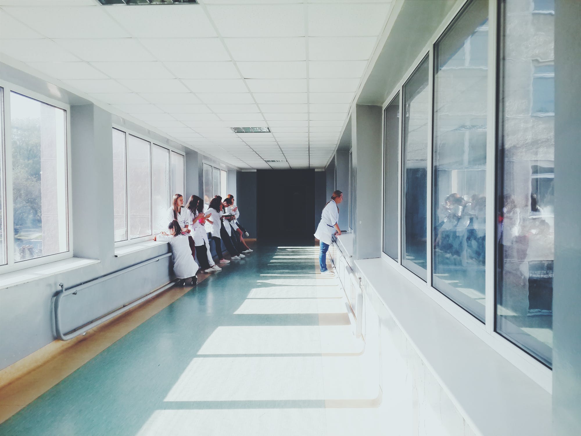 Healthcare team in a hospital hallway