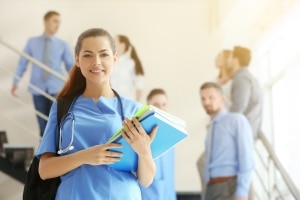 Medical student in a hallway