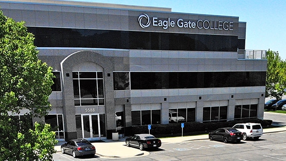 Entrance and front facade of Eagle Gate College campus