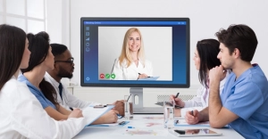 Medical students with a virtual instructor