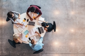 Aerial view of students at a table