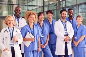 Smiling medical team outside a hospital