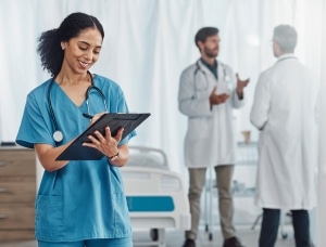 African-American medical professional with a clipboard