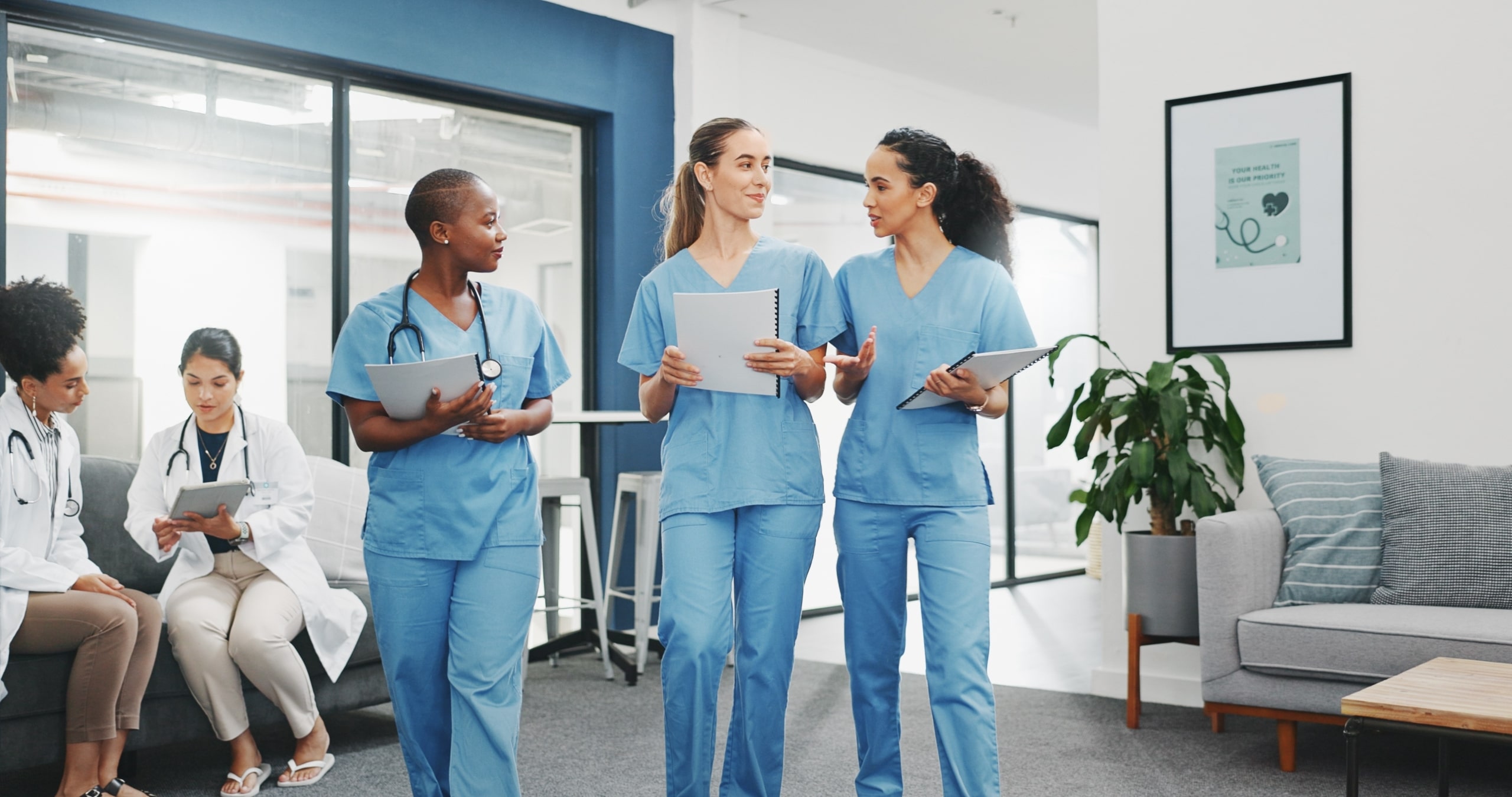 Group of nursing professionals in scrubs