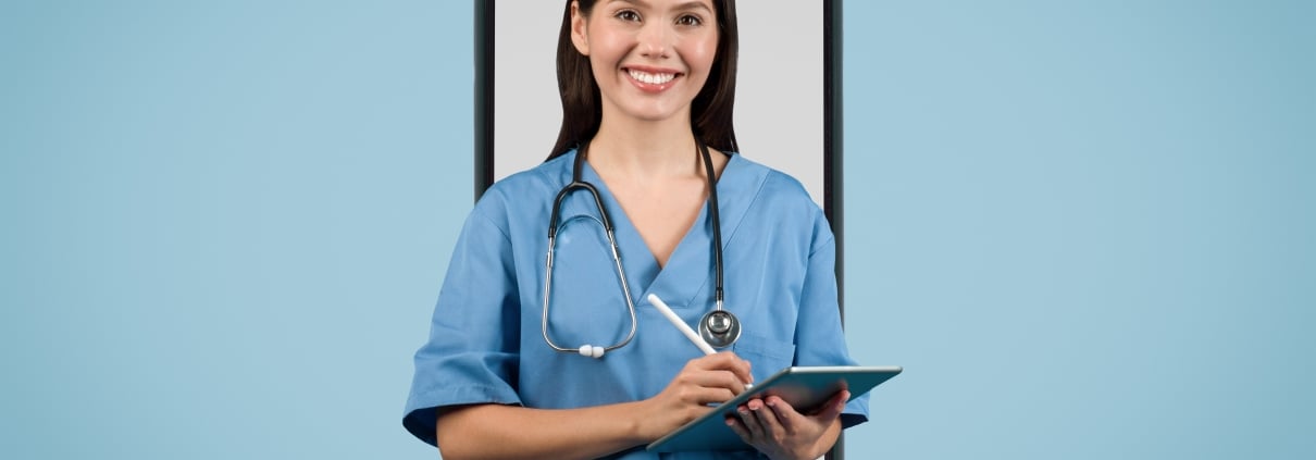 Nurse in scrubs standing in the frame of a smart phone