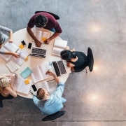 Aerial view of medical students studying at a table